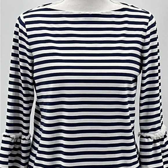 J. McLaughlin Striped Fringed Bell Sleeve Catalina Cloth Top Navy & White - XS - Picture 2 of 6